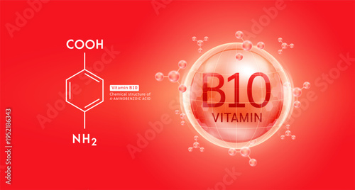 Red vitamin B10 complex solution in hexagonal dome with molecules chemical structure. For cosmetic products ads or supplement. Medical health care skin protection. Vector EPS10.