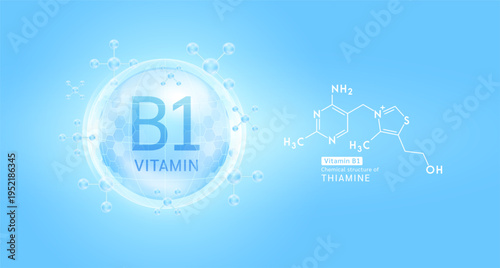Blue vitamin B1 complex solution in hexagonal dome with molecules. Chemical structure of Thiamine. For cosmetic products ads or supplement. Medical health care skin protection. Vector EPS10.