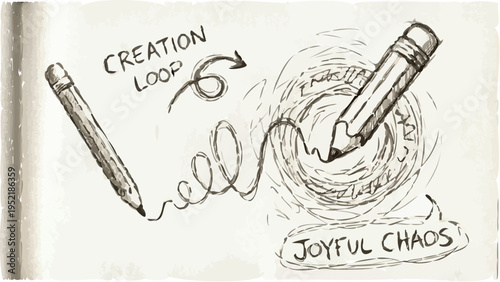 Two pencils illustrate the "CREATION LOOP" and "JOYFUL CHAOS" of the artistic process, with one actively sketching a dynamic spiral, representing inspiration, innovation, and creative flow.