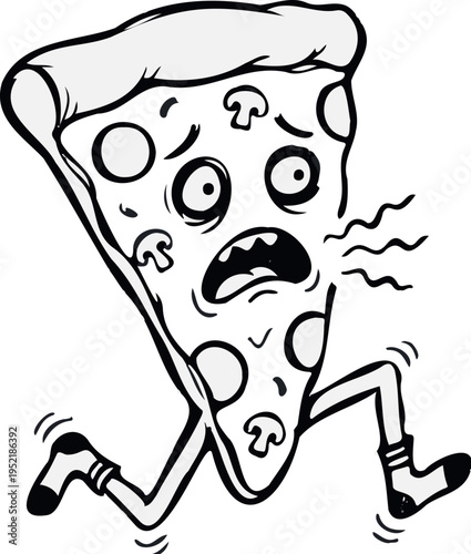 Humorous hand-drawn vector illustration of a scared and anxious anthropomorphic pizza slice with mushrooms, comically running away in a panic, depicting unhealthy food choices 