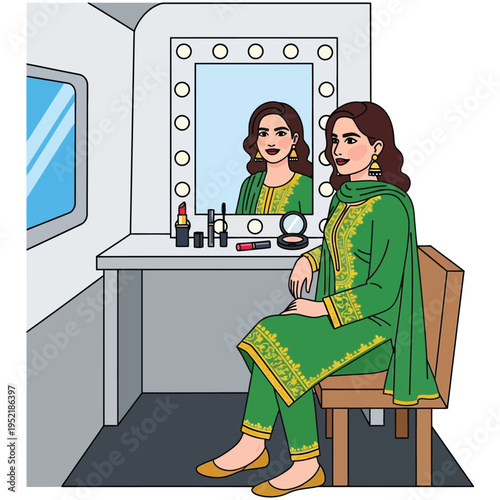 Pakistani woman in traditional dress sitting in dressing room, applying makeup, illustration