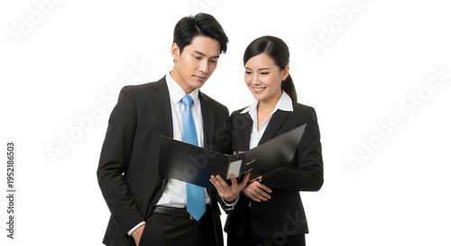asian business professionals reviewing documents