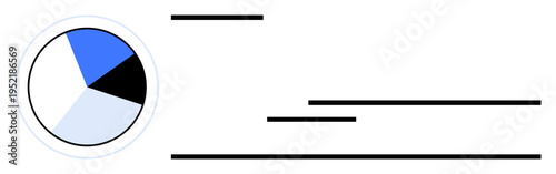 Business analysis, statistical trends, data visualization, design elements, infographic templates, presentation material. A pie chart with blue, black, and white segments alongside abstract lines