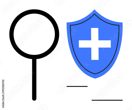Data security, health protection, inspection tools, cybersecurity, medical safety, antivirus software. Magnifying glass next to shield with cross. Data security and health protection concept