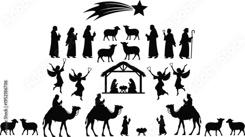 Christmas Nativity Scene Silhouette Set with Three Wise Men Shepherds Angels Baby Jesus in Manger Bethlehem Star and Desert Animals