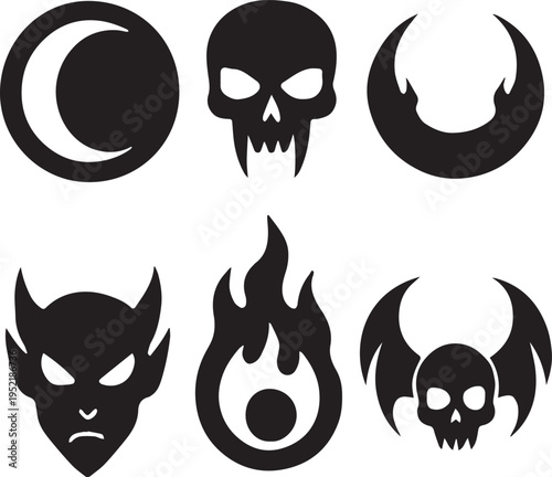Collection of six black devil and demon symbols on white background