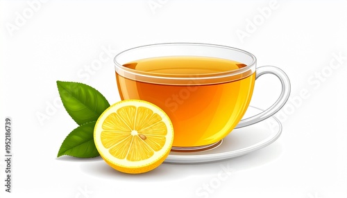 Refreshing cup of tea with lemon and green leaves.