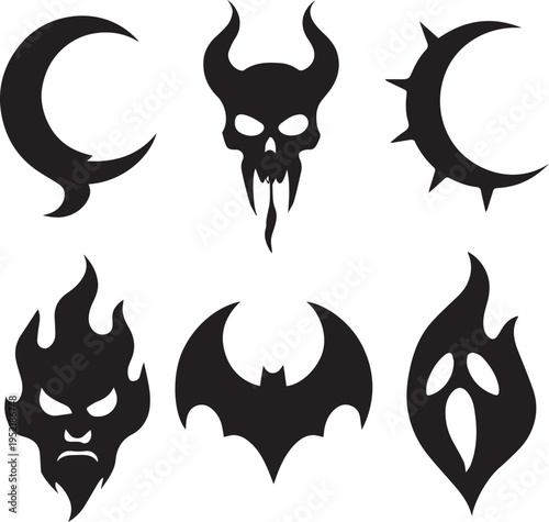 Collection of six black devil and demon symbols