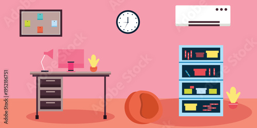 Vector illustration of a modern home office interior with furniture and appliances