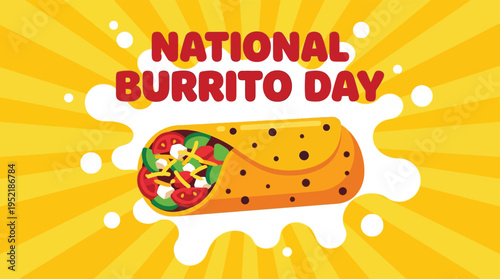 National Burrito Day Celebration with Mexican Wrap on Sunburst Background Vector