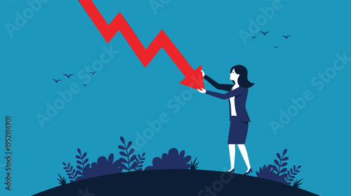Businesswoman Stopping Falling Red Arrow Financial Crisis Management Concept Vector