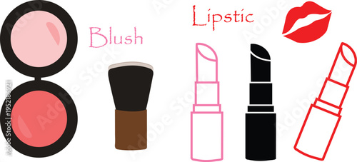 Set of 5 makeup icons vector, blush, lipstick, brush