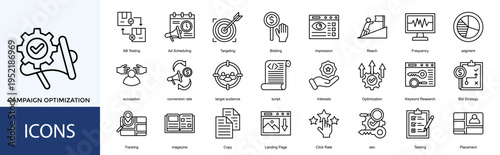 CAMPAIGN OPTIMIZATION icon set collection pack vektor banner outline style. containing target audience, script, Interests, Optimization, Keyword Research, Bid Strategy, Tracking