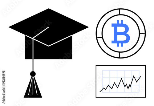 Education, cryptocurrency, financial growth, blockchain, digital economy, learning trends. Graduation cap, Bitcoin symbol and rising graph. Education and cryptocurrency conceptual theme