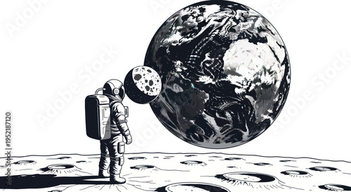 Astronaut on Moon Surface Gazing at Earth and Moon in Space