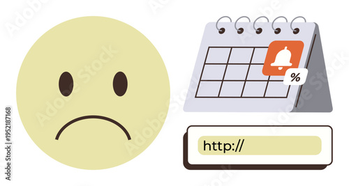 Deadlines, missed reminders, online scheduling, productivity challenges, event management, digital tasks. Sad emotion next to calendar and URL bar. Deadlines and missed reminders concept