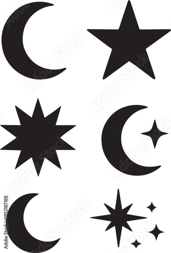 Collection of celestial body silhouettes including moons and stars