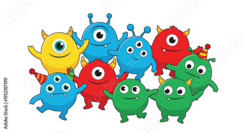 Cute cartoon monsters in bright colors, celebrating with party hats