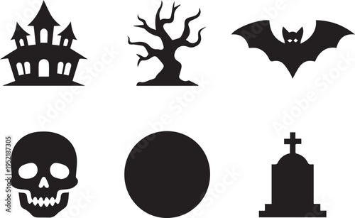 Halloween icons and symbols in black silhouette