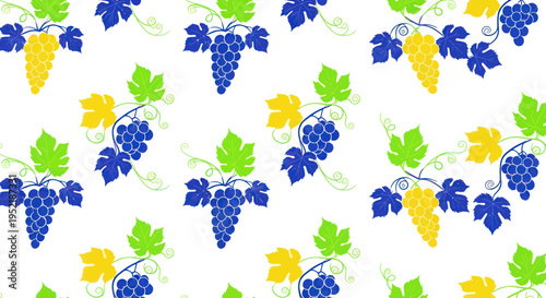 Seamless Pattern: Blue and Yellow Grapes with Green Leaves on White Background