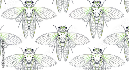 Seamless Pattern of Cicada Insects Illustration, Detailed Line Art with Green Accents