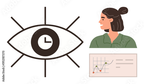 Vision, time tracking, data visualization, business strategy, analytics, professional growth. Eye with clock, woman glancing at bar and line charts. Vision and time tracking concept