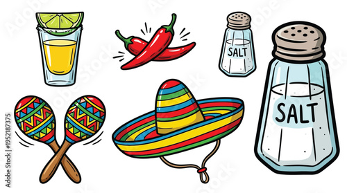 Hand Drawn Mexican Food and Drink Element Set Vector