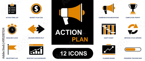 Action plan icon set. Containing checklist, budget coin, megaphone, trophy, deadline clock, arrows, gantt chart, progress bar, dashboard, milestone, planning board and more. Solid fill vector icons co