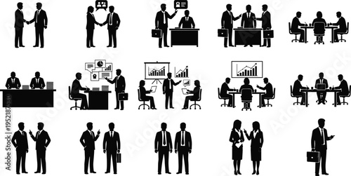 Diverse black business silhouettes and lifestyle people icons featuring office meetings handshakes dancing families and corporate financial growth for vector design