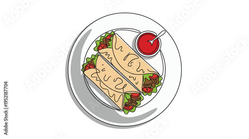 Minimalist Line Art Illustration of Two Gourmet Meat Wraps on a Plate with Sauce for Restaurant Menu and Food Delivery Marketing