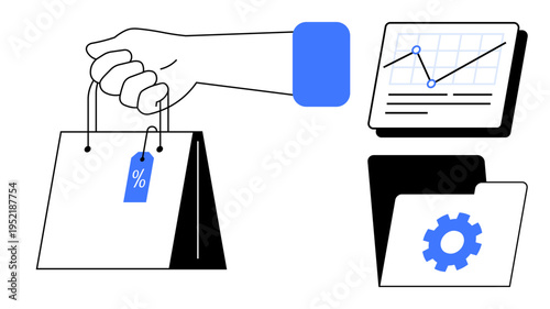 Hand holding shopping bag with discount tag, analytics graph showing upward trend, and folder with gear icon. Ideal for retail, e-commerce, business strategy, marketing, sales, analytics automation