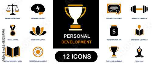 Personal development icon set. Containing trophy, yoga, meditation, diploma, savings, self improvement, target goal, strength and more. Solid vector icons collection for growth design.