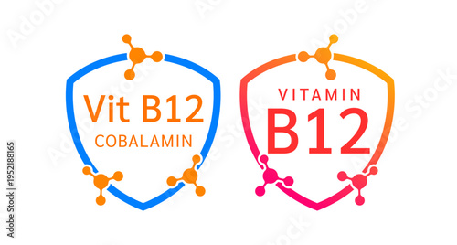 Vitamin B12 shield icon collection for product label design. Cobalamin molecule form simple line. Isolated on a white background. Medical symbol concept. Vector EPS10 illustration.