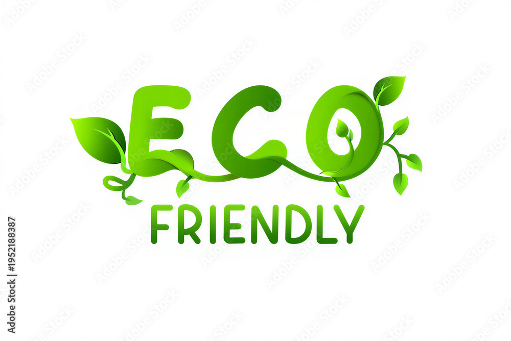 Fototapeta premium Green Eco Friendly Text with Growing Leaves and Branches on White Background