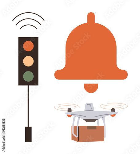 Logistics, automation, urban delivery, smart technology, notification systems, modern transportation. Orange bell, traffic signal quadcopter carrying a package. Logistics and automation concept