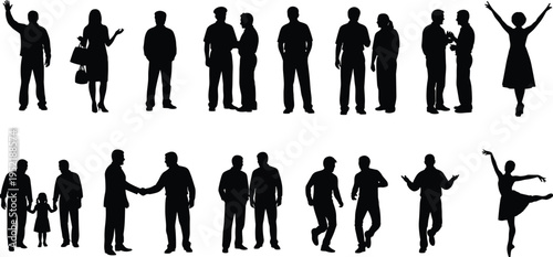 Diverse black silhouettes of people in various poses including businessmen shaking hands dancing families walking and individuals waving for vector design