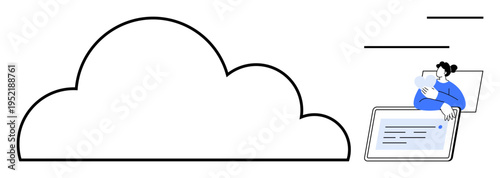 Cloud computing. Cloud usage for digital device connections and data storage solutions. Cloud features efficient networking and online accessibility. For IT, technology, remote work, cloud storage