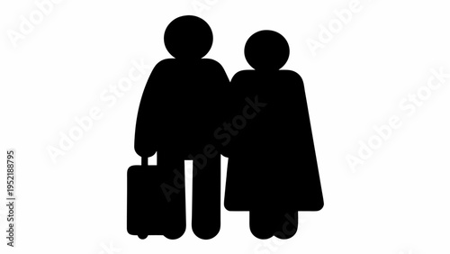 Couple traveling together with luggage at airport or travel destination silhouette graphic