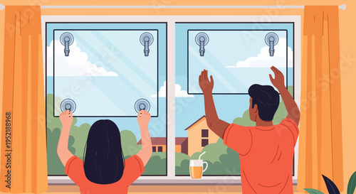 Couple Cleaning Window Glass.