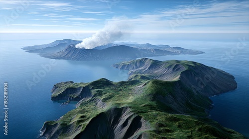 A volcanic island chain with lush green terrain, surrounded by calm blue ocean waters, under a partly cloudy sky with volcanic smoke rising in the distance.