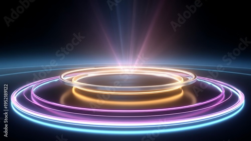 Futuristic neon rings glowing with blue, purple, and gold light float above a dark reflective surface, emitting radiant beams and creating a high-tech sci-fi atmosphere.