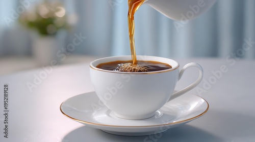 Aromatic Coffee Pouring: The rich, dark essence of freshly brewed coffee gracefully cascades from a pristine white pot into an elegant cup and saucer, creating an inviting moment of daily delight.