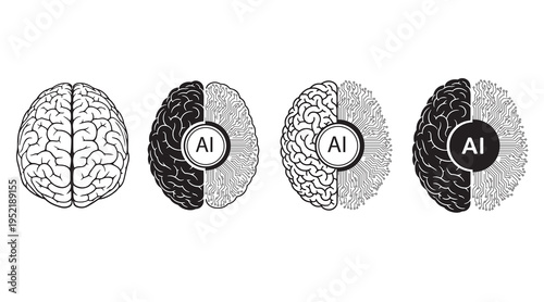  Human brain and artificial intelligence concept icon featuring a human brain vector silhouette integrated with digital circuit paths and central AI lettering.