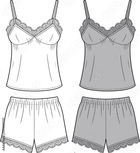pajamas, sleepwear, lingerie, nightwear, women, clothing, set, top, shorts, lace, fashion, underwear, homewear, comfort, outfit, apparel, textile, casual, illustration, collection
