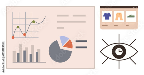 Data analytics, e-commerce insights, business performance, consumer trends, statistics, market analysis. Graphs, charts pie chart and product web interface. Data analytics and e-commerce insights