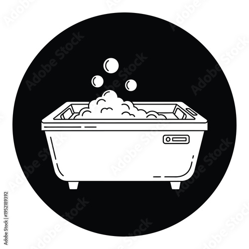 A large rectangular bathtub filled with bubbly water and steam  bathroom fixture icon