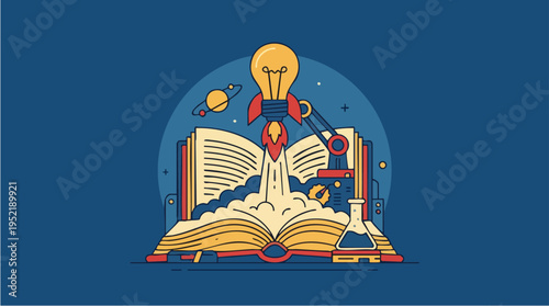 Creative open book with rocket and lightbulb launching symbolizing innovation and knowledge in science and learning concepts