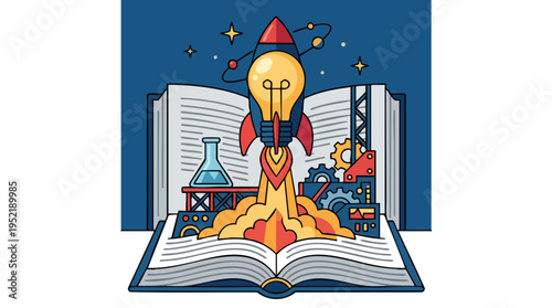 Creative open book with rocket, gears, and laboratory elements symbolizing innovation and scientific discovery in education and technology