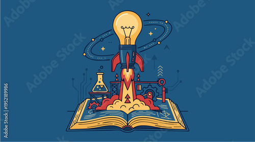 Creative open book with rocket, light bulb, and science icons representing innovation and knowledge in education