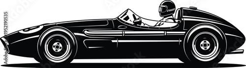 Vintage race car silhouette with driver helmet, classic motorsport vehicle artwork, bold black and white retro illustration design drawing